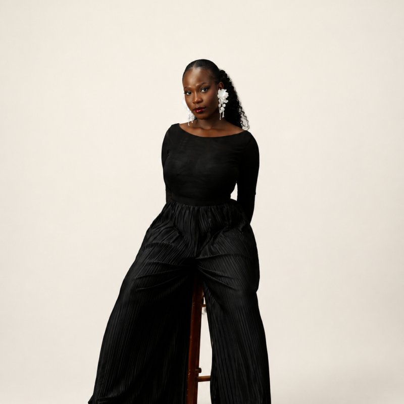 Open Back Pleated Wide Leg Jumpsuit